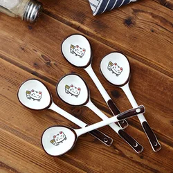 Japanese Ceramic Spoon Household Soup Dessert Mixing scoop Hand Painted Cute Cartoon Cat Coffee Scoops Rough Pottery Soup Spoon