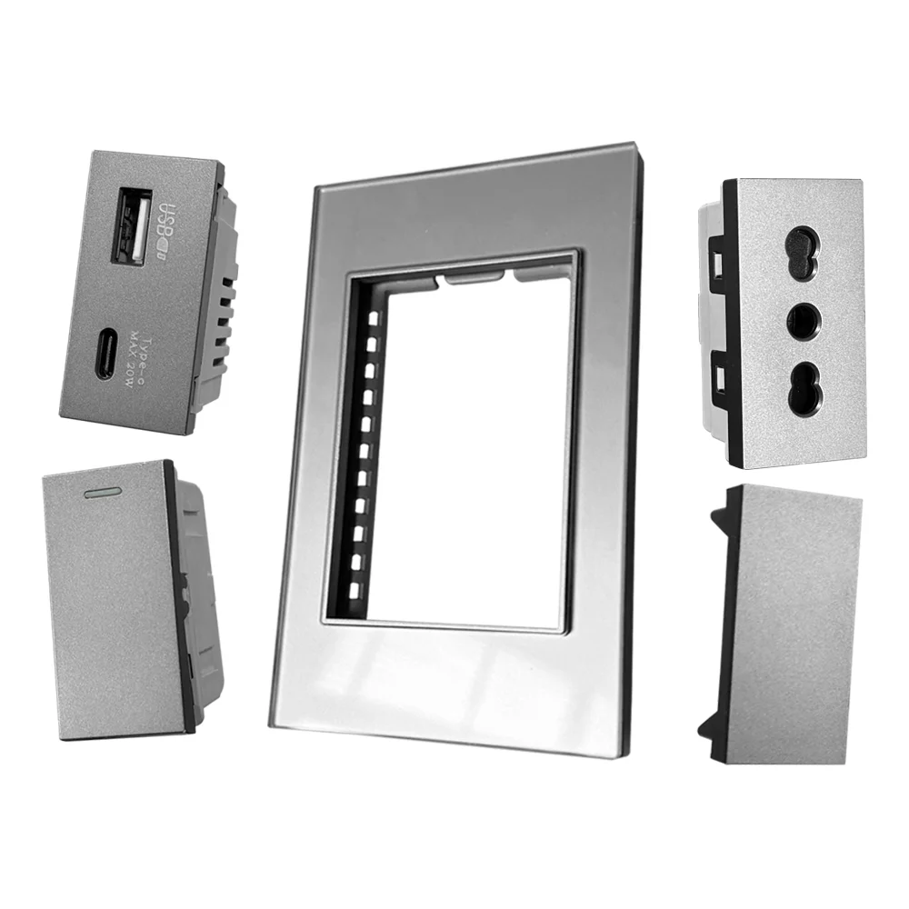 

DELEFU Premium Grey Forge Tough Glass 118mm Italy Spec Wall Socket Light Switch Dual USB Type C Modern Home Wall Electric
