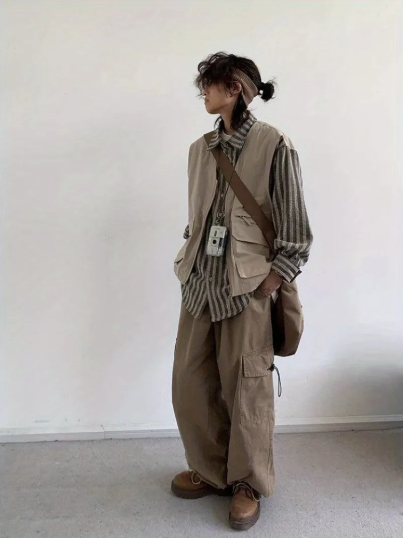 

Мужская повседневная куртка в японском стиле, комплект из двух предметов, ретро-рубашка с эффектом двухслойности, в стиле рабочей одежды, с длинным рукавом