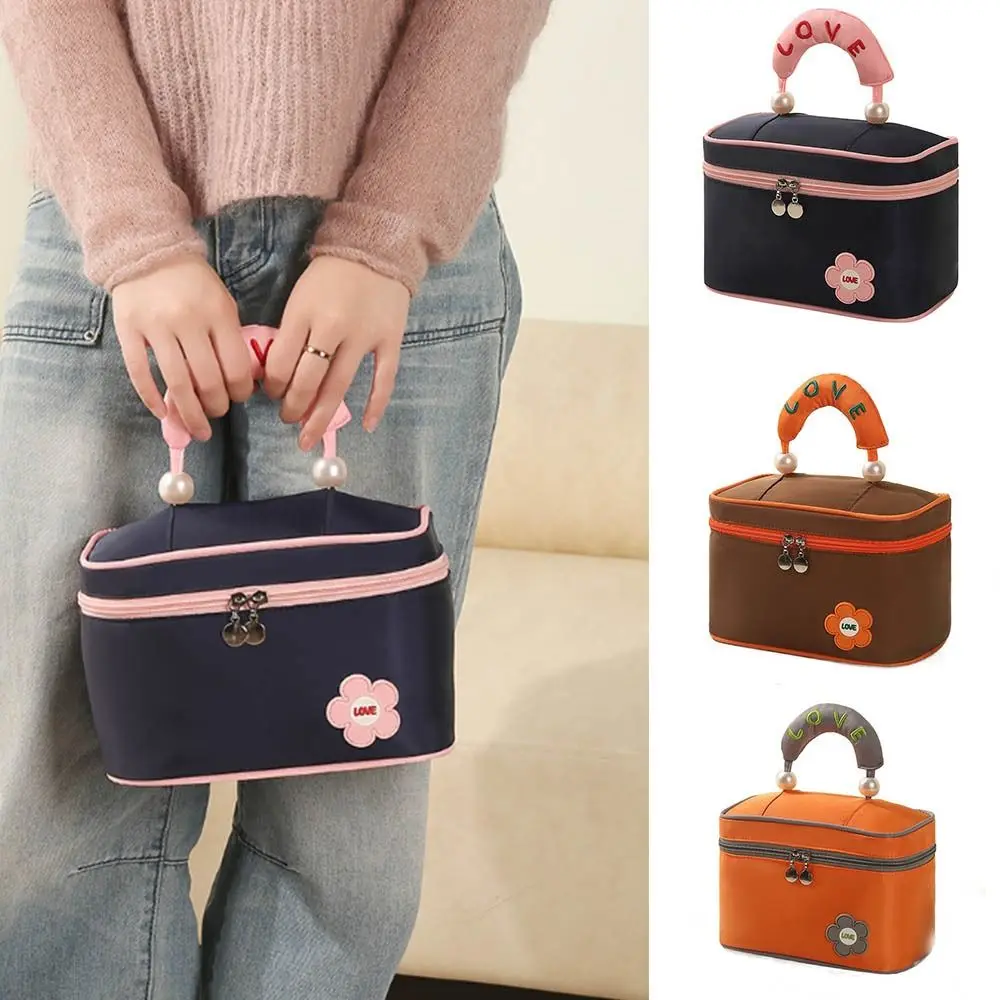 

Portable High Beauty Women Makeup Bag Large Capacity Square Handheld Cosmetic Bag Pearl Double Zipper Wash Bag Toiletry Bag