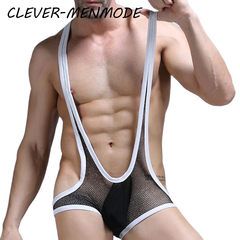 Mens Sexy Mesh Bodysuit G-string Bodywear Underwear Erotic Penis Pouch Thong Jumpsuits Suspender Sexy Underpants