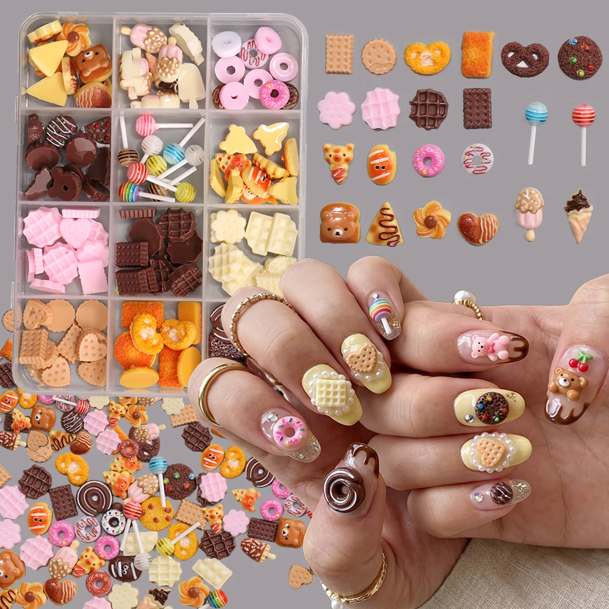 12-Gitter-Box Süße Dessert-Nagelkunst-Charms 3D Harz-Donut-Schokoladen-Lollipop-Edelsteine im Kawaii-Stil für Musikfestivals und Partys – Detail 2
