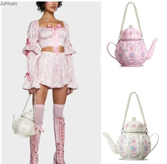 

Vintage printed teapot design women's handbag pearl chain shoulder bag brand designer luxury messenger bag novelty small wallet