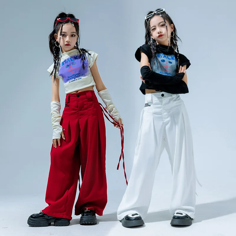 

Kid Cute Hip Hop Clothing Crop Top T Shirt Arm Sleeves White Red Casual Wide Pleated Pants for Girl Jazz Dance Costume Clothes