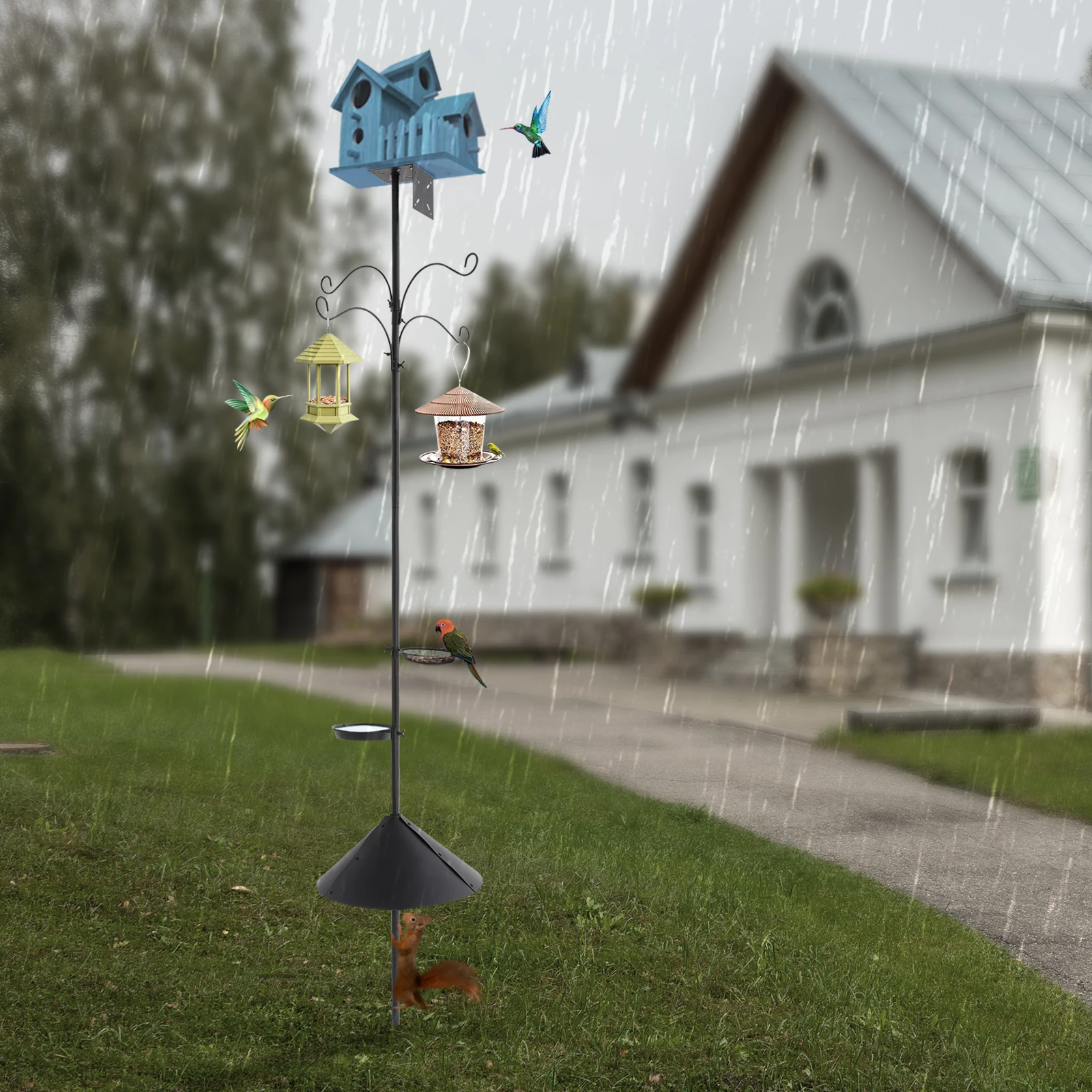 

4Hooks2Food TraysBird Feeder Pole Birdhouse Pole Trays Adjustable Bird Feeder Pole with Squirrel Proof Baffle for gardens