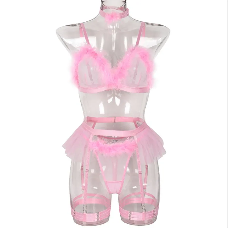 

Розовый комплект нижнего белья из пяти предметов, прозрачный, для женщин, костюм для секса