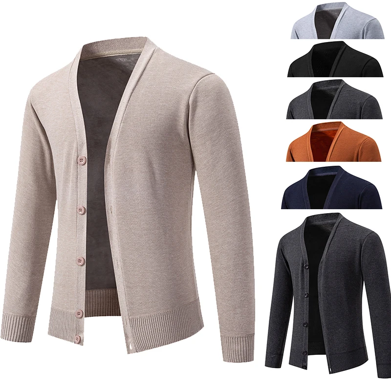 Cárdigan delgado con cuello en V para hombre, chaqueta elástica, botones de moda de Color sólido, abrigo informal, otoño
