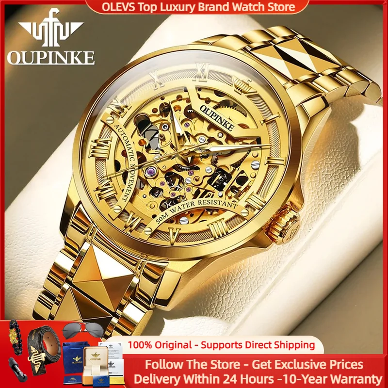 

OUPINKE 3210 Gold Mechanical Watch for Men Fully Hollow Original Men's Watches Luxury Brand Man Wristwatches Waterproof Luminous