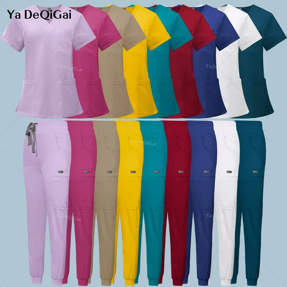 Trajes de Jogger multicolor, uniformes médicos de enfermería, Tops de manga corta con cuello en V, pantalones de bolsillo, conjunto de ropa médica clínica