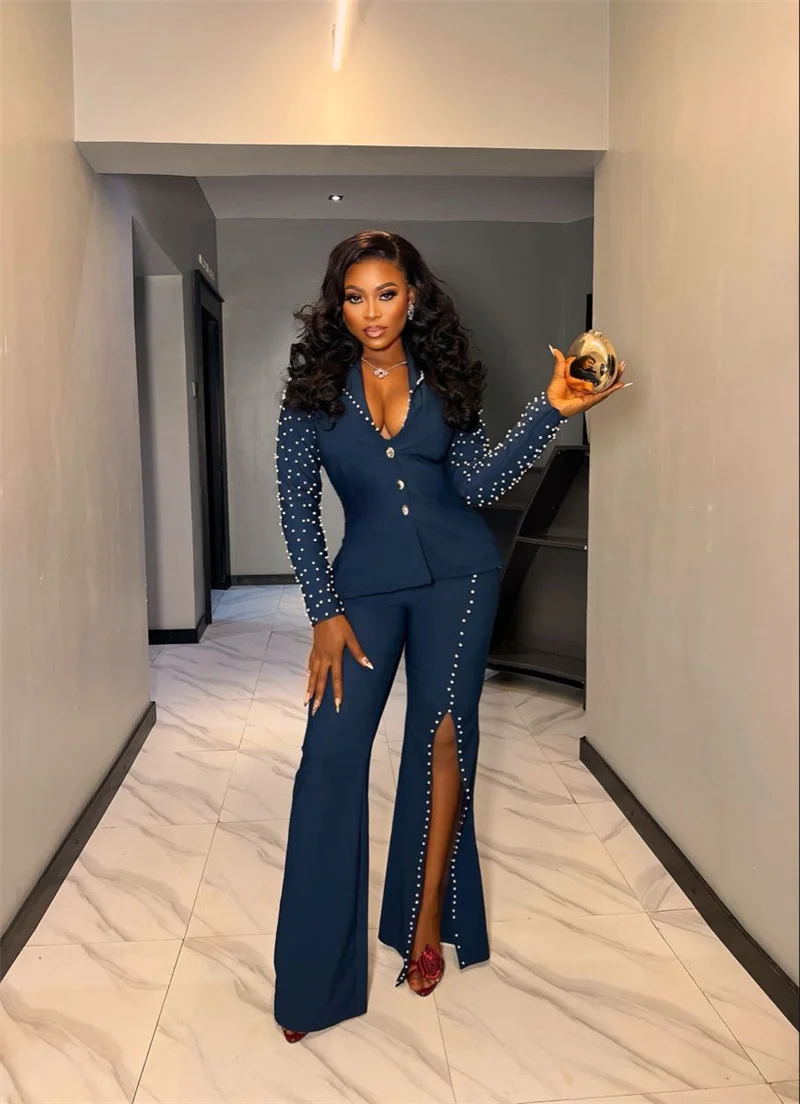 

Luxury Pearls Women Suit Set 2 Pcs Blazer+Split Pants Trousers Cotton Formal Office Lady Jacket Customized Wedding Guest Coat