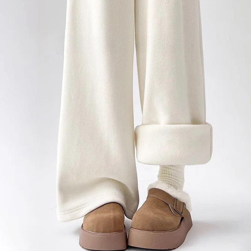 ハイウエストカシミヤワイドレッグパンツ レディース 秋冬 ドレープストレートカットパンツ 裏起毛カジュアルパンツ