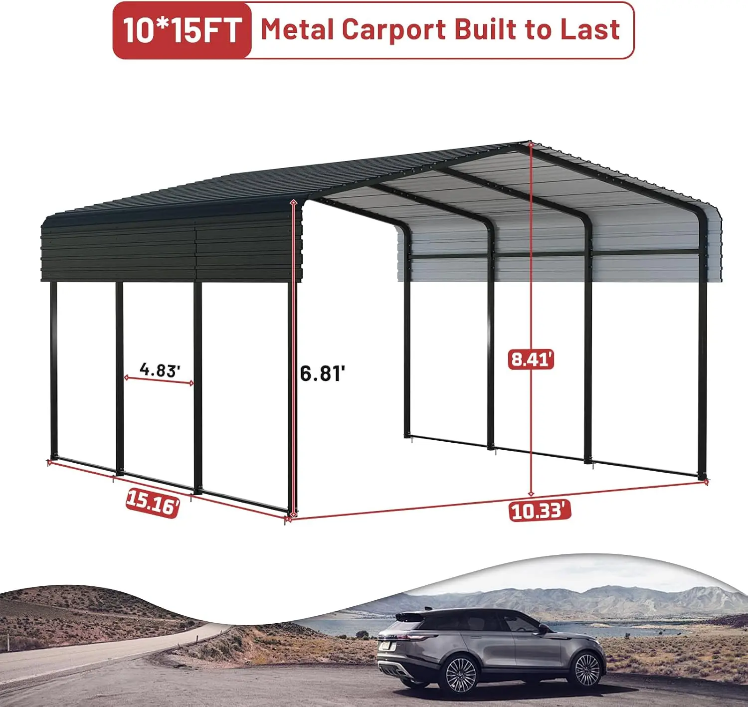 10 x 15 FT Metal Carport Heavy Duty Galvanized Steel Car Canopy With Reinforced Frame Outdoor Shelter For Cars Trucks Pickups SUVs Tractors Boats Grey