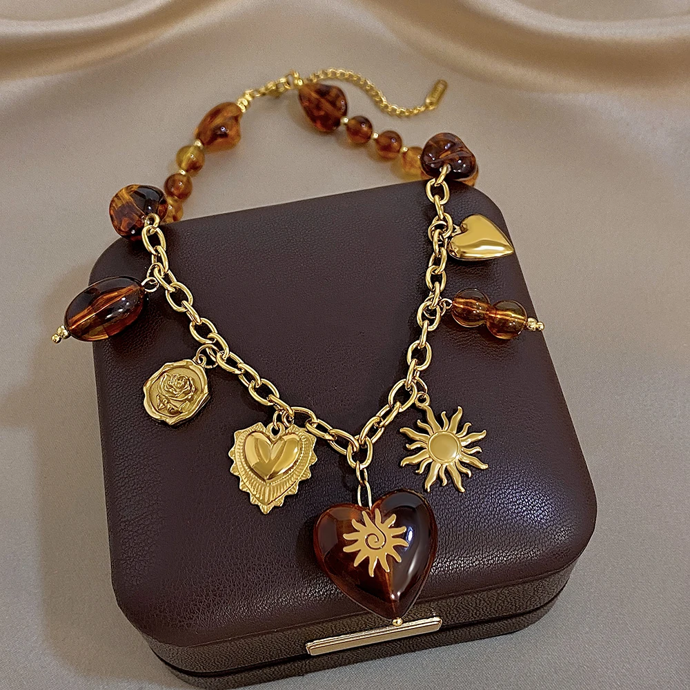 Flashbuy Punk Chunky Stainless Steel Thick Chain Necklace Waterproof Love Heart Sun Amber Beads Charm Y2K Trendy Jewelry Gift