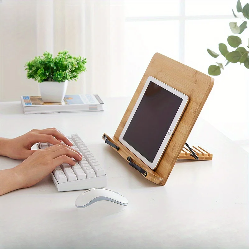 

Book Stand for Reading Adjustable Book Holder with Elastic Page Clips Foldable Desktop Riser Stand Bamboo Reading Rack