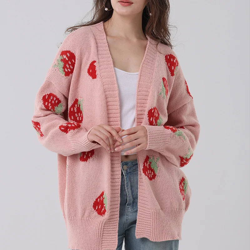 Cardigan for Women Autumn Winter Cozy New Casual Strawberry Pattern All-match Knitted Sweaters Sweet Cute Girls Korean Fashion