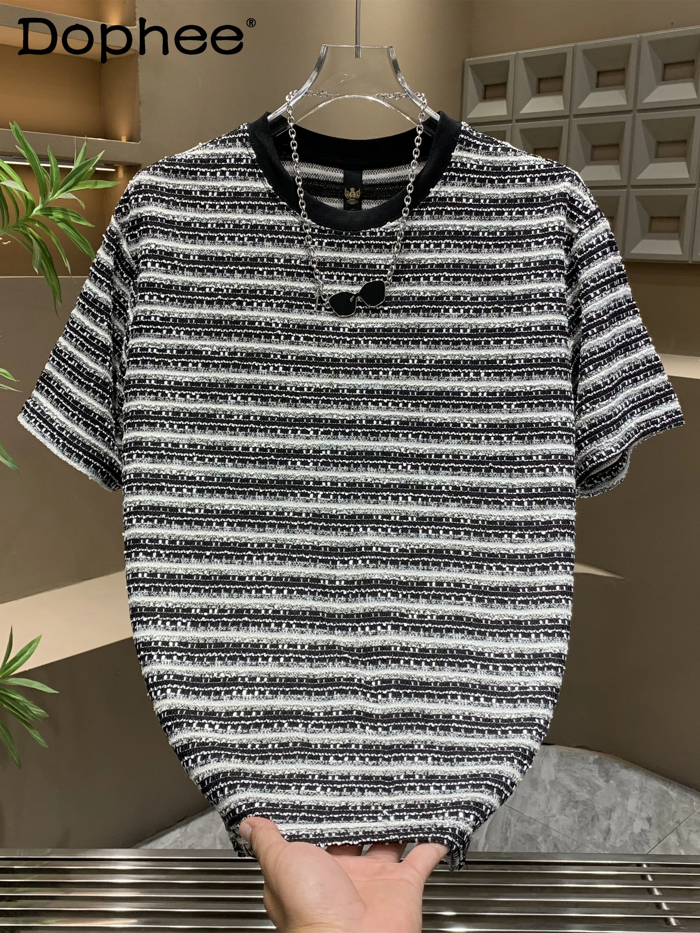 

American Style Trendy Design Striped Round Neck Short Sleeve Men's 2025 Summer Thin Fashion Versatile T-Shirt Top