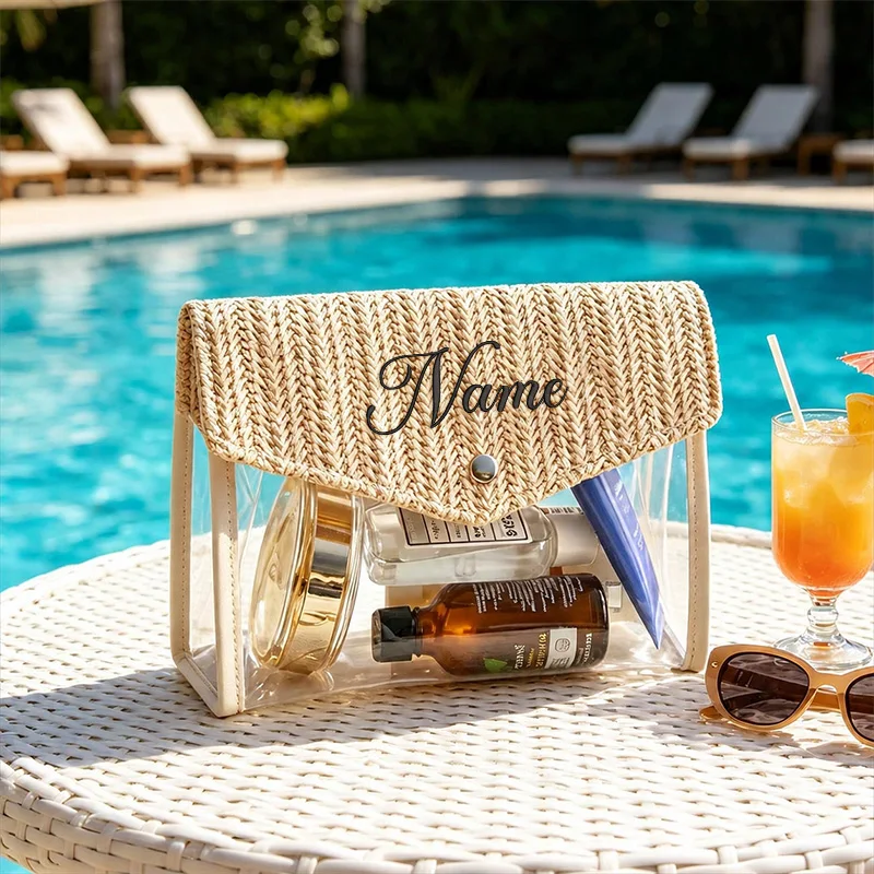 Personalized Customization Straw Clear Pvc Makeup Bag Embroidered Cosmetic Pouch Boho Beach Accessory Beach Storage Bag