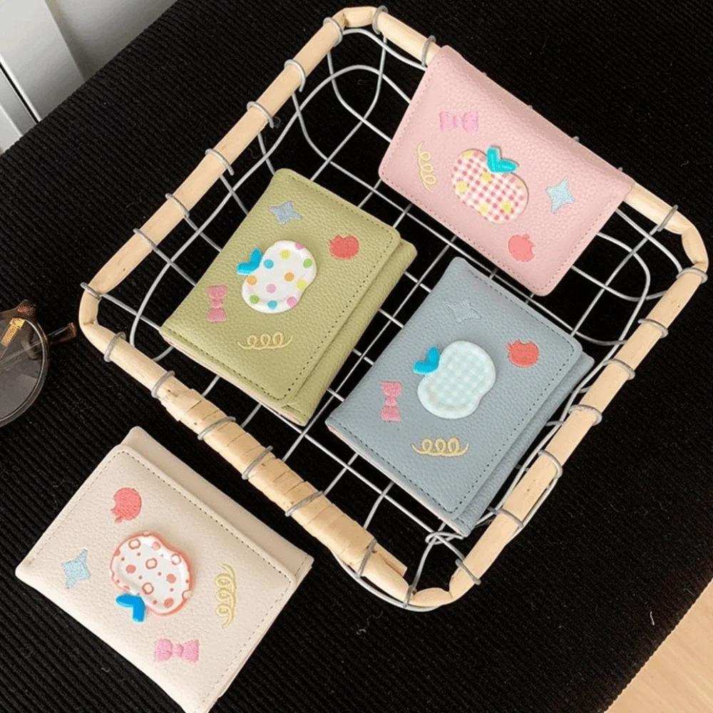 أزياء الكرتون أبل محفظة قصيرة متعددة فتحة للبطاقات التطريز حامل بطاقة جلدية محفظة للعملة النساء #1