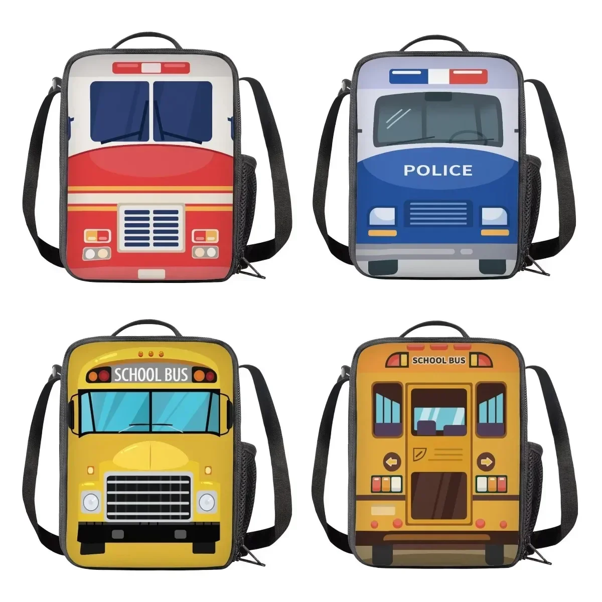 Cute Cartoon Car Fire Truck Insulated Lunch Bag for Kids Boys Girls Reusable Large Capacity Lunch Box Cooler Bag for Outdoors