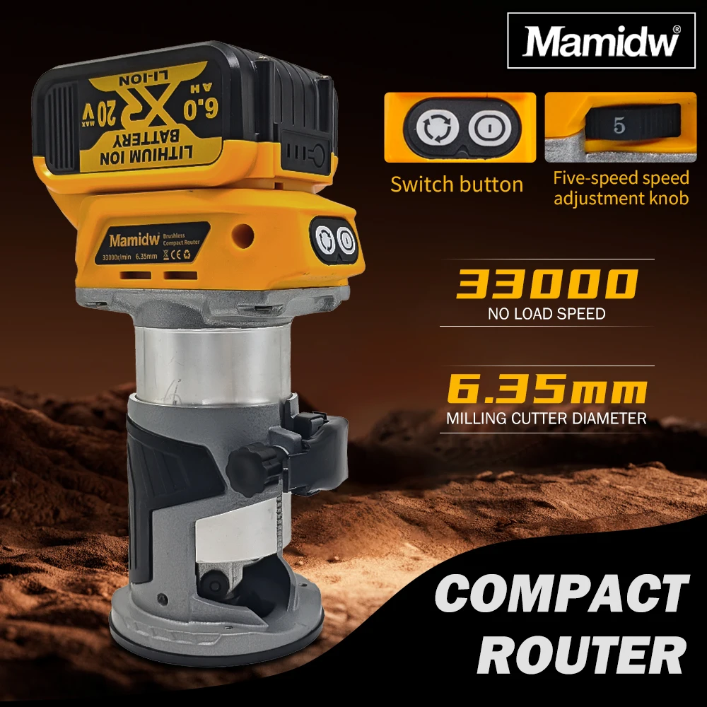 Mamidw Cordless Compact Wood Router, Plunge Planer Tool 33, 000 RPM, 5-Speed Fixed Base Trimmer, For Dewalt 20V Battery PIN