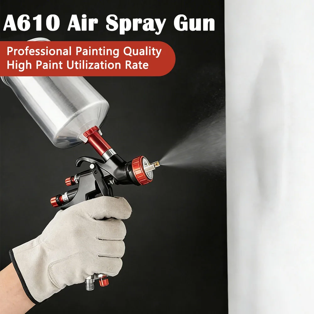 A610 LVLP Air Paint Spray Gun 1.3/1.5/1.7/2.0mm High Quality Gravity Feed 1000ml Cup W/ Air Regulator, for Car,Furniture
