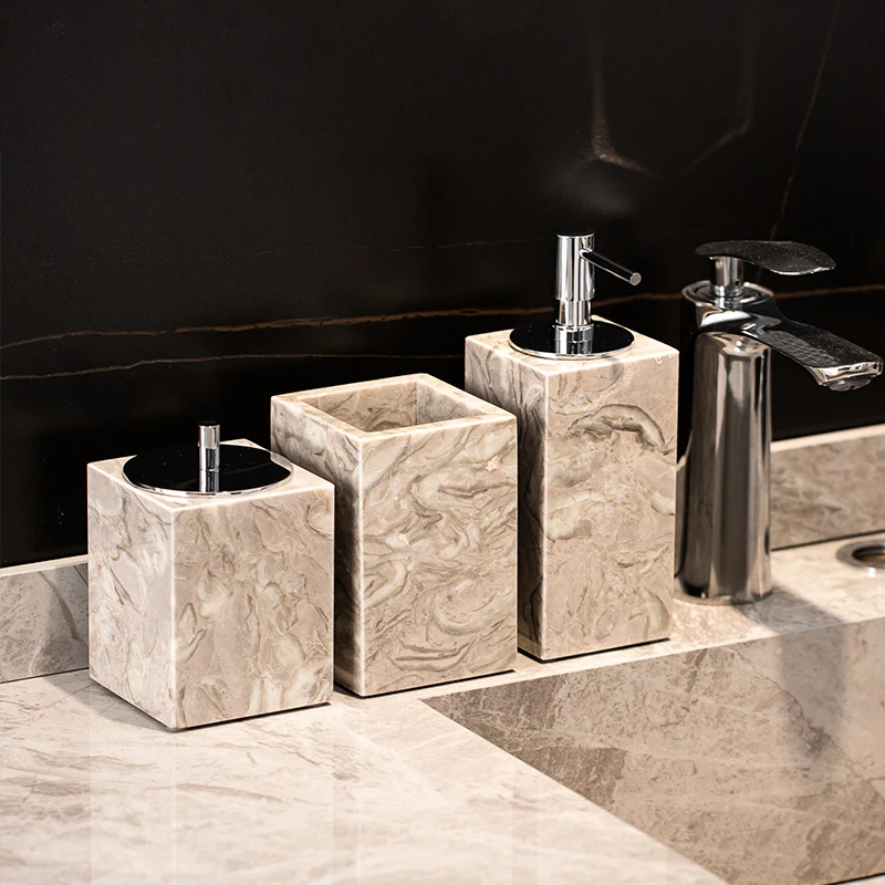 Marble Texture Dish Soap Dispenser with Cotton Swab Holder, Press-Top Tabletop Soap Container, Home Desk Organization Solution