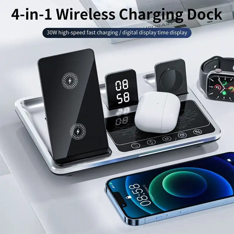 

Smart Touch 4 In 1 Phone Wireless Fast Charging Station Pad with Digital Clock Led Light for Apple Watch iPhone AirPods Samsung