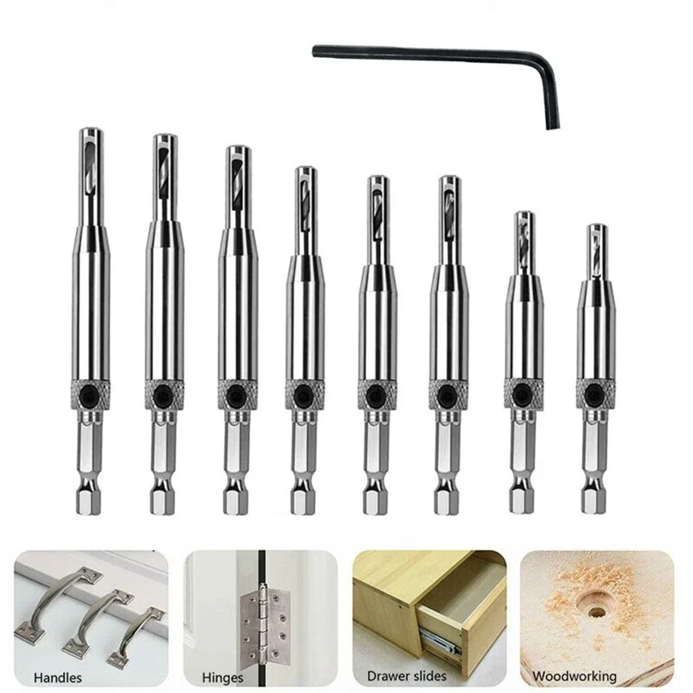 

8pcs Self Centering Hinge Drill Bits Set with Hex Wrench for Door and Cabinet Pilot Holes High Speed Steel HSS Hex Groove Design