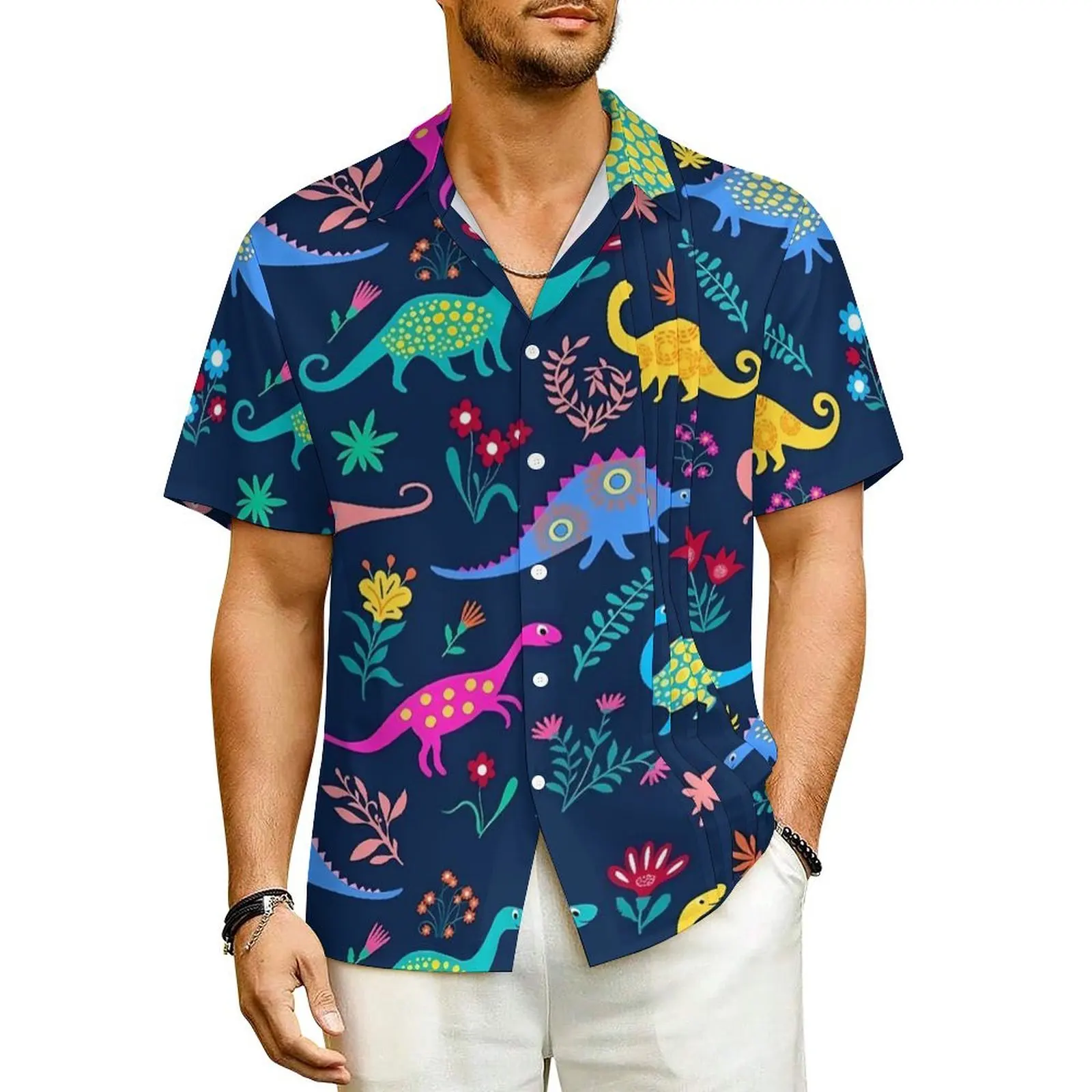 

Cute Dinosaur Print Vacation Shirt Male Colorful Animal Novelty Casual Shirts Hawaiian Short Sleeve Harajuku Oversized Blouses