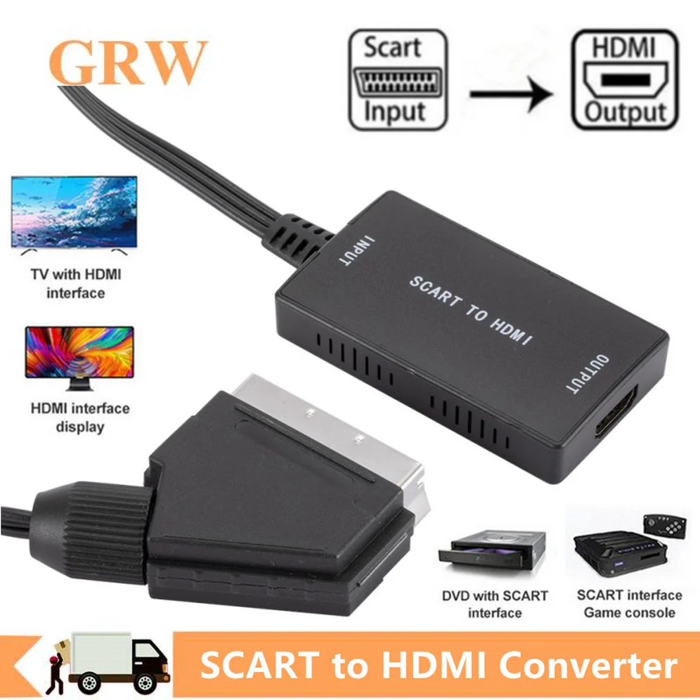 Grwibeou convertidor de Audio y vídeo compatible con SCART a HDMI, Cable USB para HDTV Sky Box, DVD, señal de televisión, convertidor exclusivo