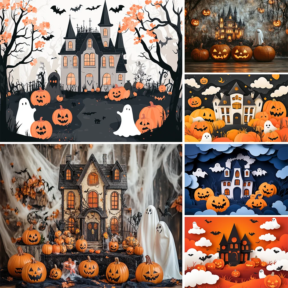 

Halloween House Backdrop Photography Children Kid Autumn Pumpkin Party Background Bat Imp Ghost Spider Web Decor Banner