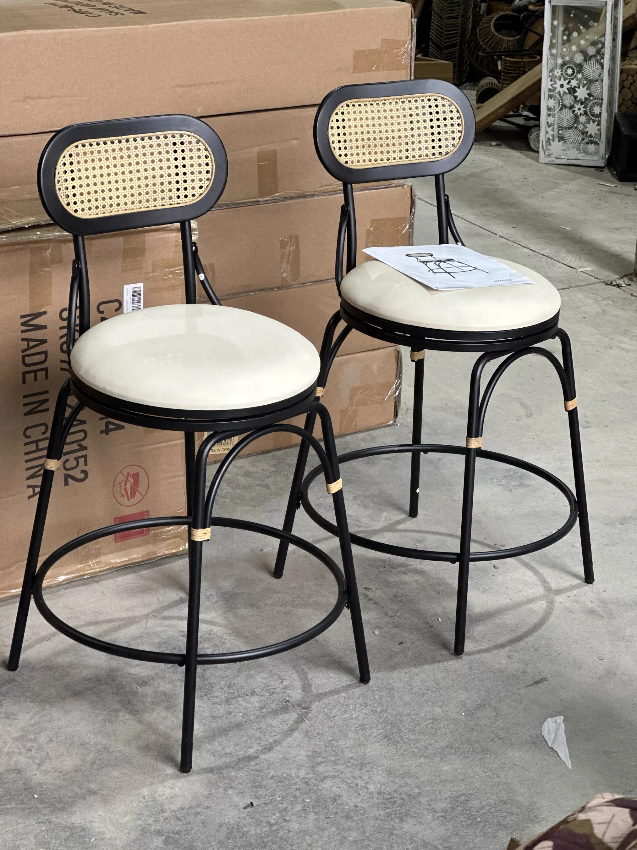 

Rattan Cane Back Counter Stools with Cushion, Black Metal Frame with Beige Upholstered Seat, Swivel Bar Chairs, 24 Inch Seat Hei