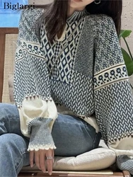 Knitted Autumn Pullover Sweater Women Geometric Print Fashion Lantern Long Sleeve Ladies Cropped Sweaters Korean Woman Sweater
