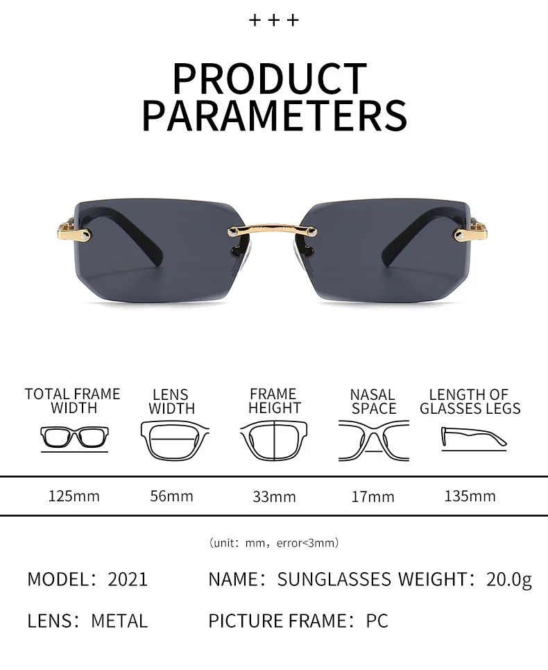 Rimless Sunglasses Rectangle Fashion Popular Women Men Shades Small Square Sun Glasses For Female male Summer Traveling Oculos