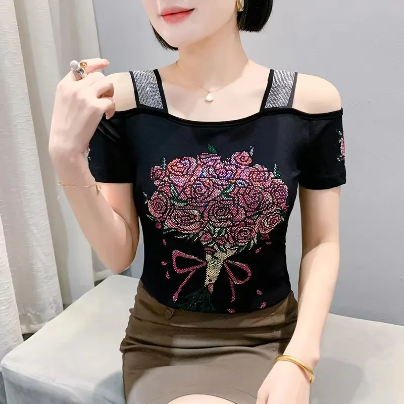 M-3XL Brand Bouquet Of Roses Hot Diamonds Design T-Shirt For Women's Sexy Off Shoulder Elegant Luxury Tees Top Ladies Shirts