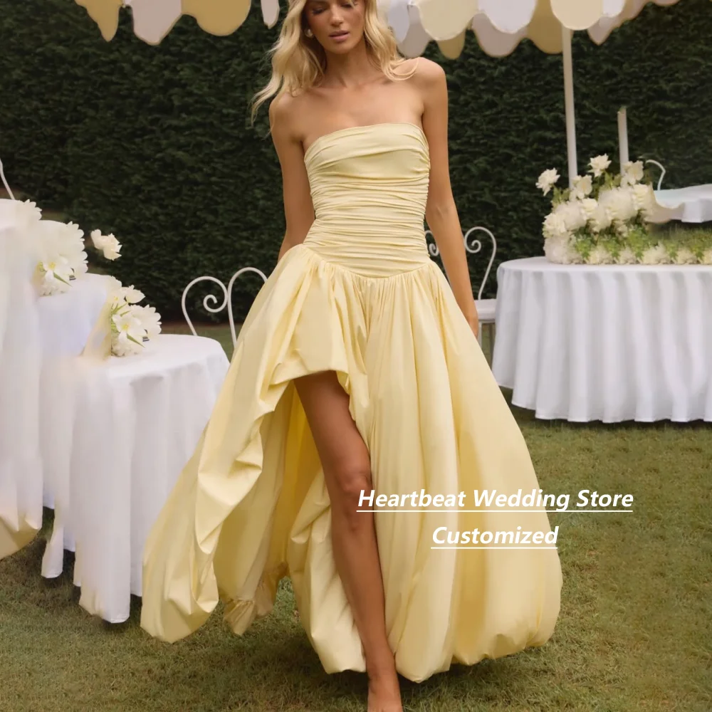 Customized Yellow High Slit Bubble Hem Evening Dresses Strapless Ruched Bodice Lace‑Up Back Pockets Formal Party Maxi Gown