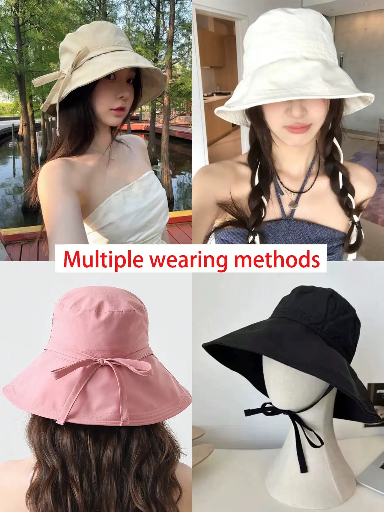 Breathable Solid Color Bucket Hat Large Brim Sun Protection Adjustable Strap Minimalist Japanese Style Summer Sun Hat For Women