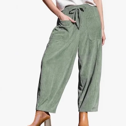 Women's Corduroy Pants  Loose Wide Leg Pants  Casual Elastic Waistband  Haren Pants with Pockets