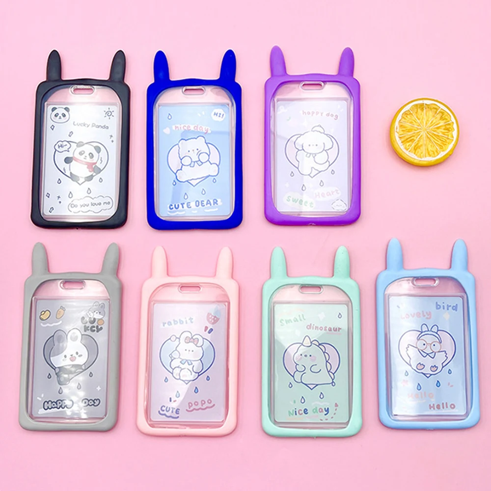 1Pc Cute Cartoon Rabbit Ear Card Case With Retractable Lanyard Waterproof Dustproof Plastic Card Holder ID Bank Card Decoration