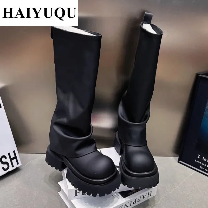 Botki damskie buty do kolan skórzane buty na platformie Chunky Snow Design 2024 Trend motocykl jesień Punk Goth Botas Mujer