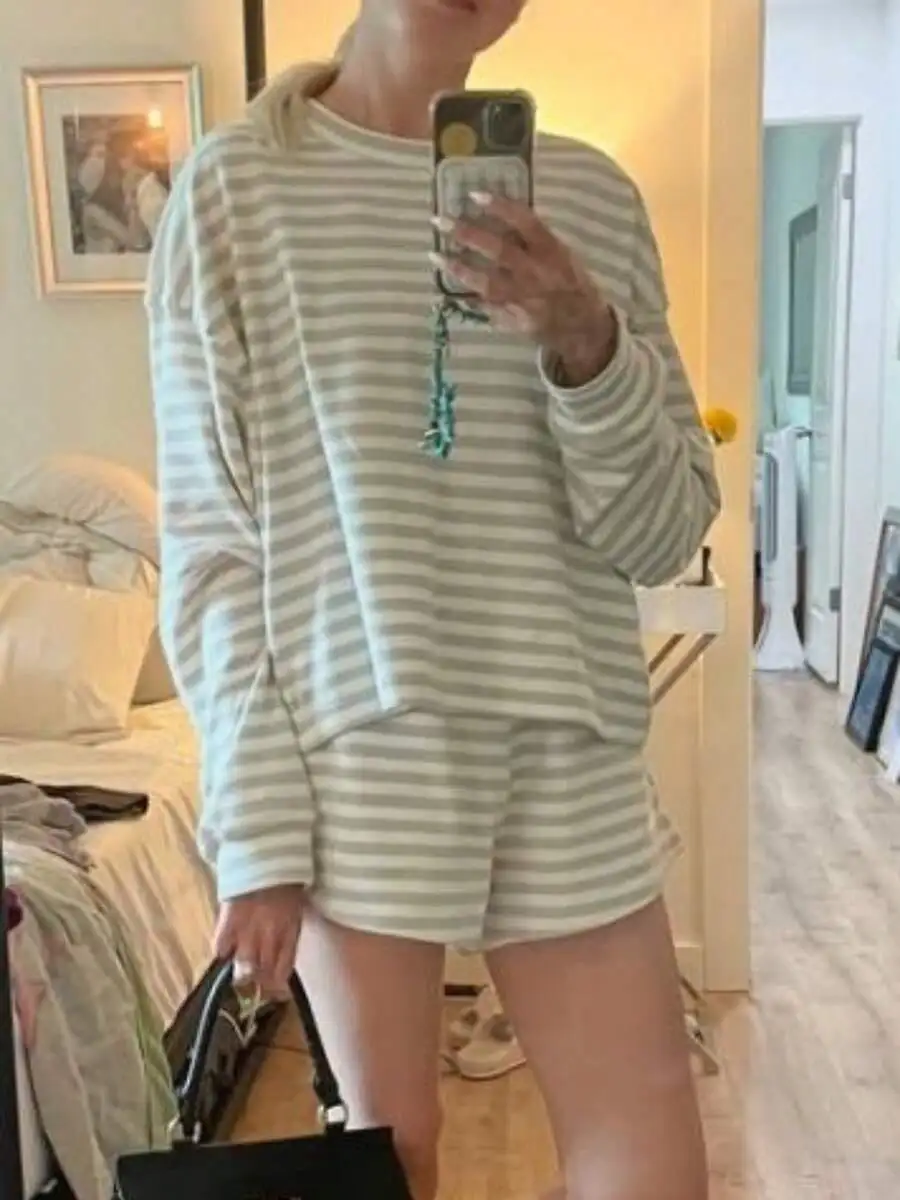 

Women 2 Piece Striped Casual Long Sleeve Top And Elastic Waist Shorts Set Spring Fall