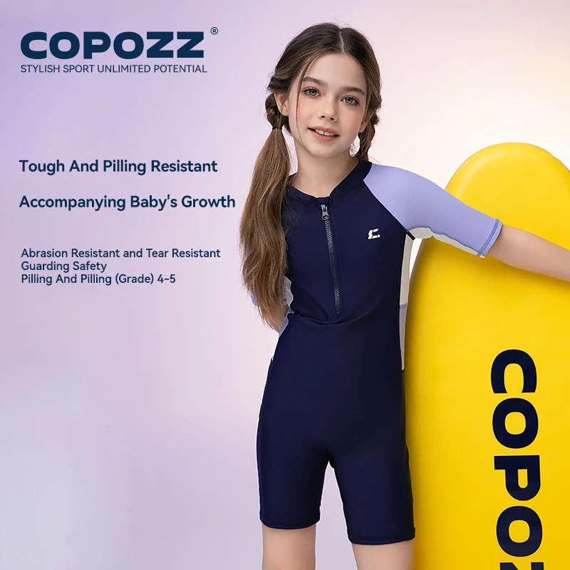 

COPOZZ Solid Kids Swimwear Girls Summer One-piece Slim Quick-drying Swimsuit Fashion Zipper Short Sleeve Children Beachwear ﻿