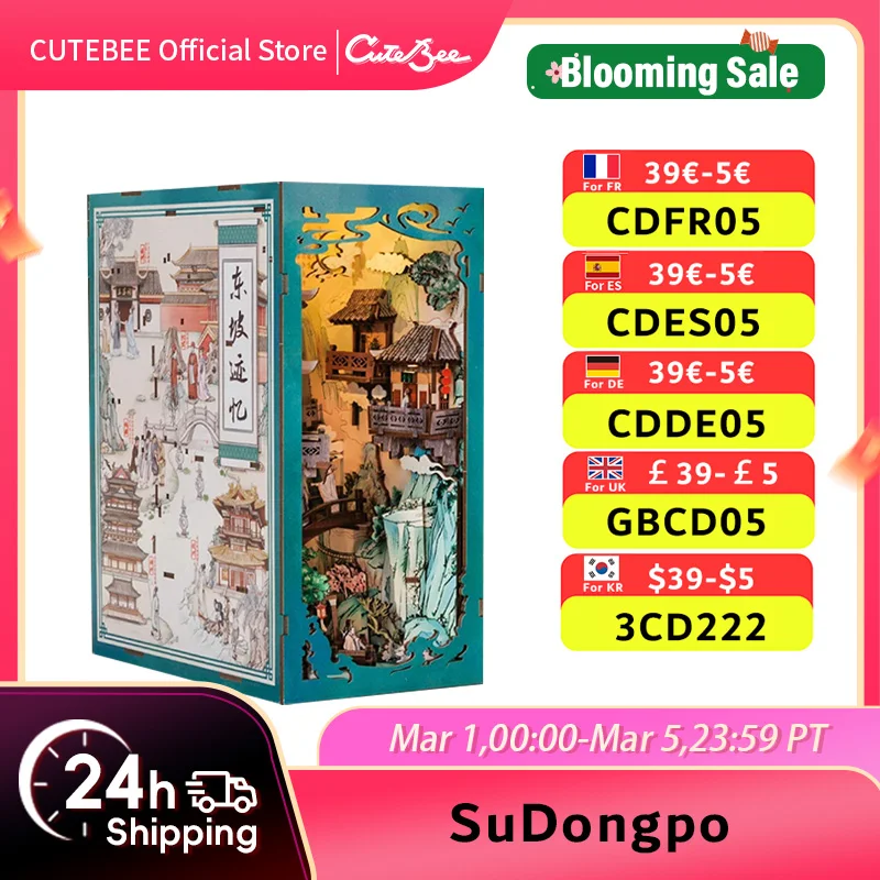 CUTEBEE Antichità Libro Nook Kit casa delle bambole in stile cinese con copertura antipolvere leggera al tocco Puzzle 3D Giocattolo Idee regalo La vita di Su Dongpo