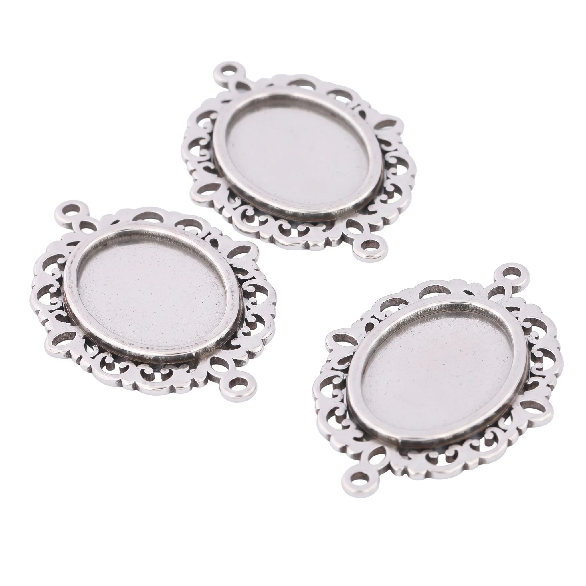 5pcs Stainless Steel Fit 13x18mm Oval Floral Cabochon Connector Base Setting Trays Diy Bracelet Necklace Accessories