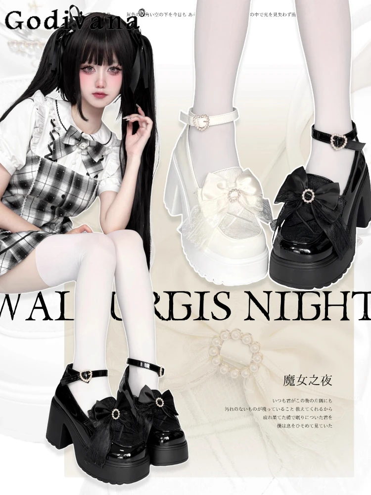 

Original Subculture Mine Platform Shoes Spring and Autumn New Japanese Sweet Bow Elegant JK Mary Jane Shoes Lolita High Heels