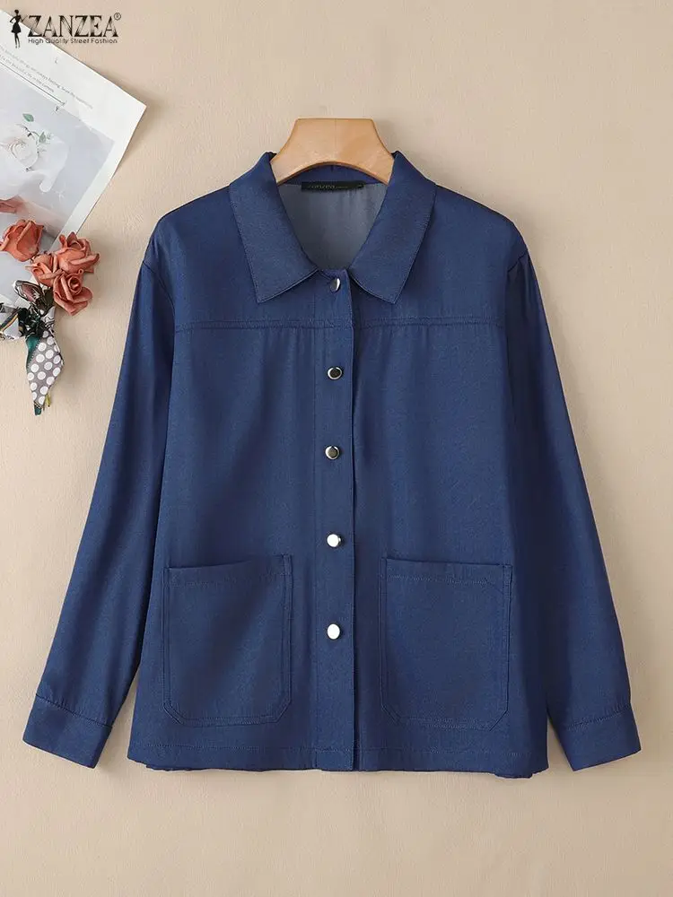 

Осень 2024, джинсовые синие куртки ZANZEA, женские пальто, женские куртки с лацканами и длинными рукавами, повседневные пальто на пуговицах, винтажная верхняя одежда OL