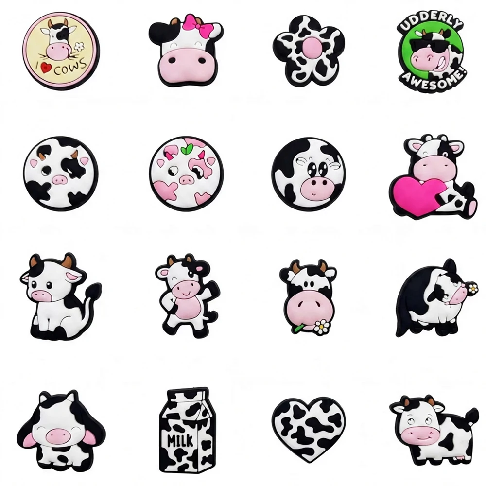 8/16PCS Cute cow Shoe Charm Mix Wholesale PVC Decoration Wooden clog sandal wristband bag Detachable DIY Waterproof Xmas Gift