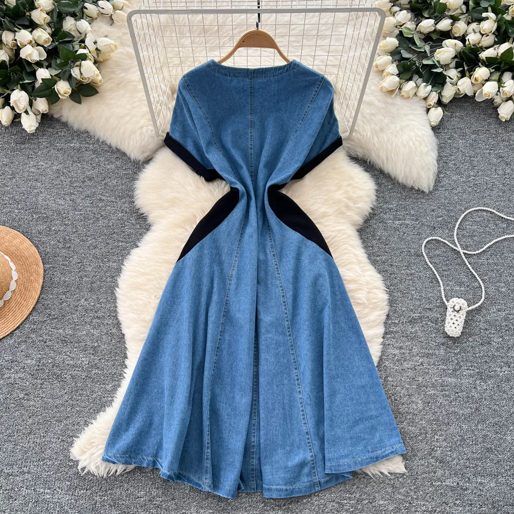 Chic vintage manica corta Bottone ricamato Impiombato Elegante fata moda coreana Boho Vestito estivo abbigliamento donna