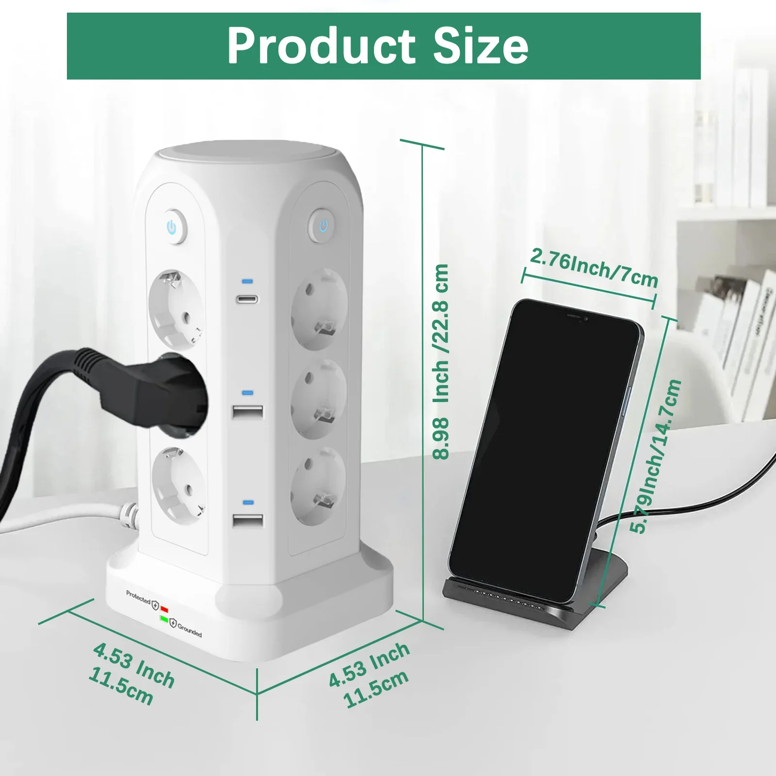 Vertical Power Strip Multiple Electrical Socket 12 Outlets 6USB Ports Fast Charging EU Plug 5.9Ft Extension Cord Surge Protector