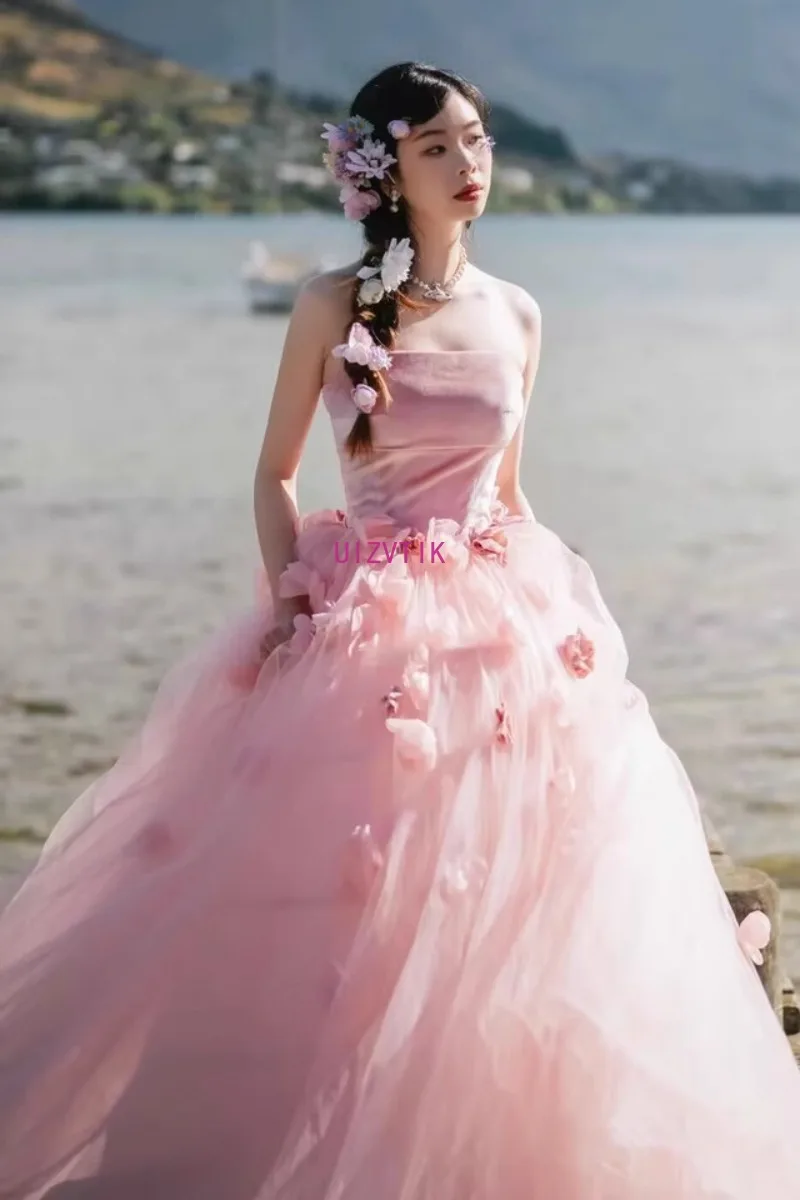 

Pink Simple Evening Party Princess Dresses Women Organza Strapless Appliques Strapless Wedding Dress Formal Dresses Customized